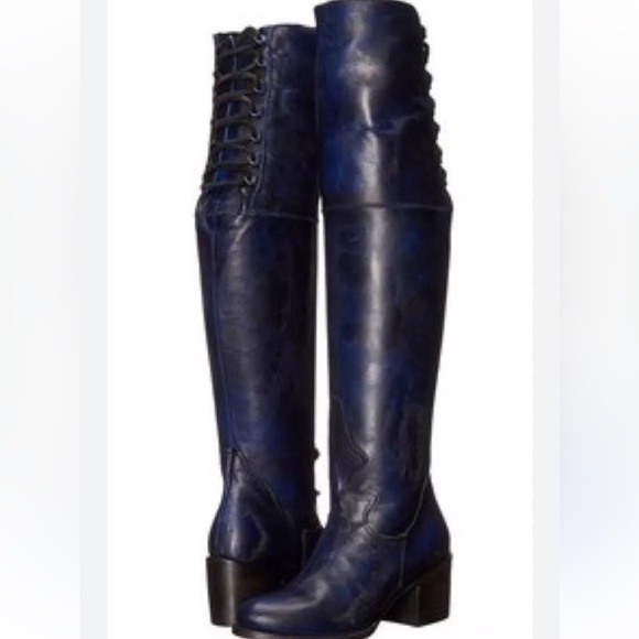 Freebird by Steven Shoes - Freebird by Steven 100% Genuine Leather ‘Rolls’ Blue Over the Knee Lace Up Boots
